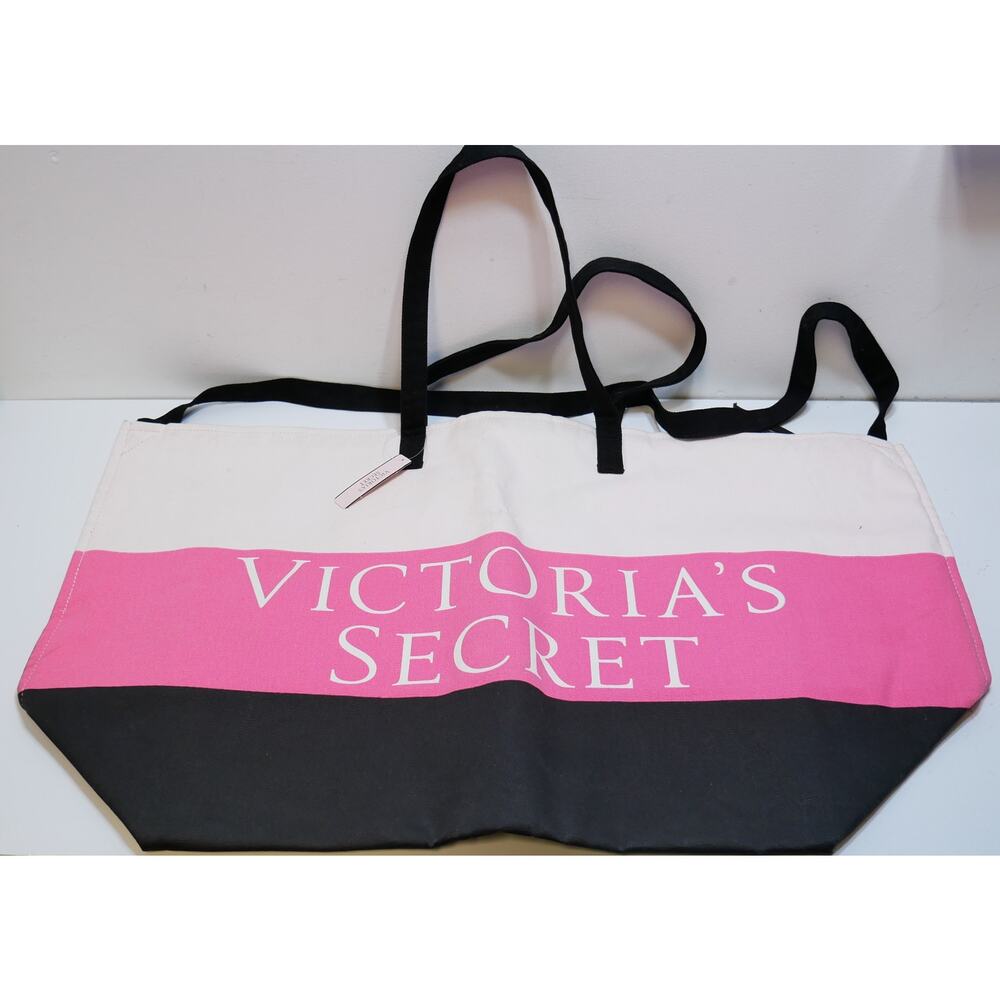 New Large Victoria's Secret Canvas Tote Bag Shoulder Strap Zip Stripe Pink Black